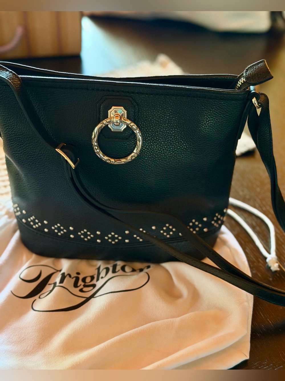 Brighton Black Pebbled Leather Studded Crossbody Shoulder Bag NWT Condition